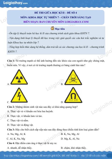 Đề thi giữa kì 2 KHTN 7 Chân trời sáng tạo - Đề số 4